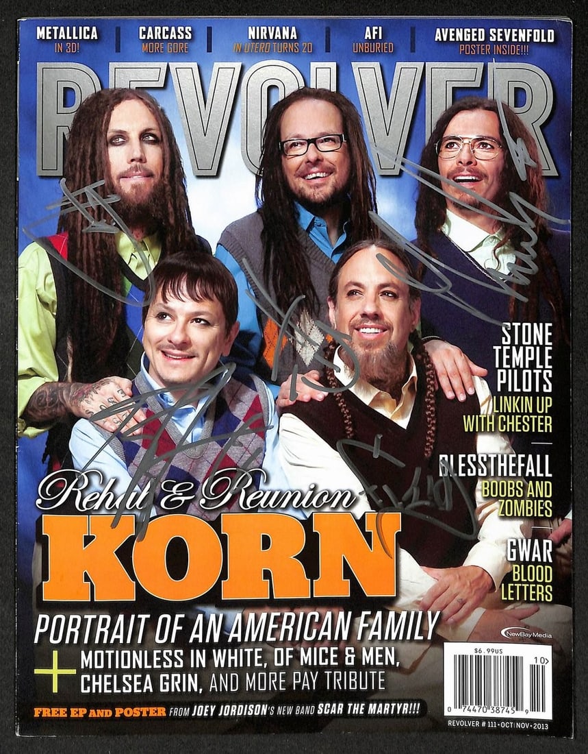 Signed 2013 Revolver Magazine by 5 Korn Members JSA 211740: Signed 2013 Revolver Magazine by 5 Korn Members JSA 211740 Original 2013 Revolver magazine signed by all five members of Korn. This full magazine is a pre-owned piece featuring autographs from Brian "