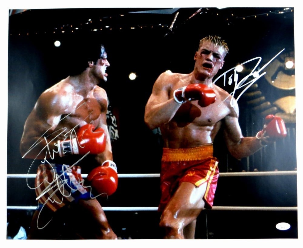 Sylvester Stallone Dolph Lundgren Signed 16x20 Photo Rocky IV JSA Authenticated: Sylvester Stallone Dolph Lundgren Signed 16x20 Photo Rocky IV JSA Authenticated This stunning 16x20 photograph features the iconic autographs of Sylvester Stallone and Dolph Lundgren, celebrating thei