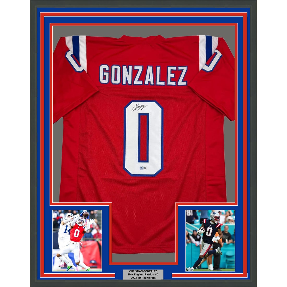 Christian Gonzalez Patriots Signed Red Jersey 35x39 Framed with Beckett COA: Christian Gonzalez Patriots Signed Red Jersey 35x39 Framed with Beckett COA This framed Christian Gonzalez New England Patriots red jersey features an authentic autograph and comes professionally fram