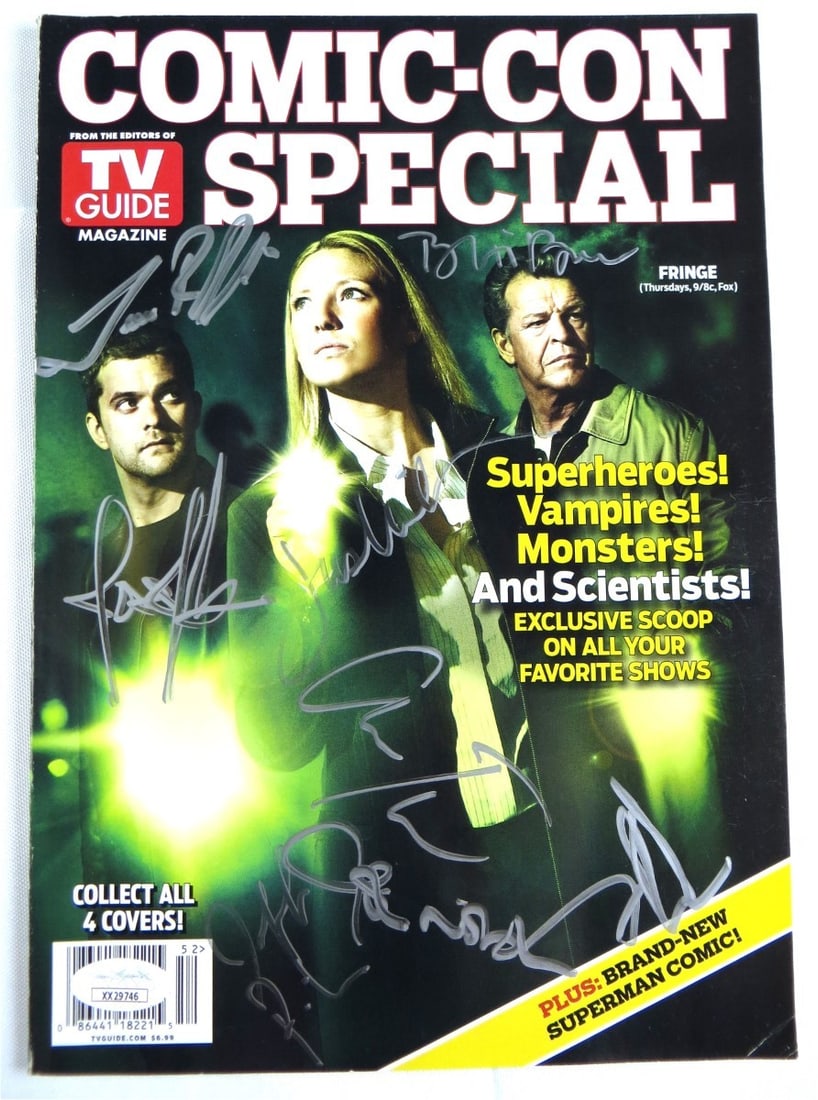 Fringe cast signed magazine 7 autographs JSA authenticated: Fringe cast signed magazine 7 autographs JSA authenticated This is a pre-owned magazine autographed by seven cast members of the television series Fringe. The signatures include John Noble, Anna Torv,