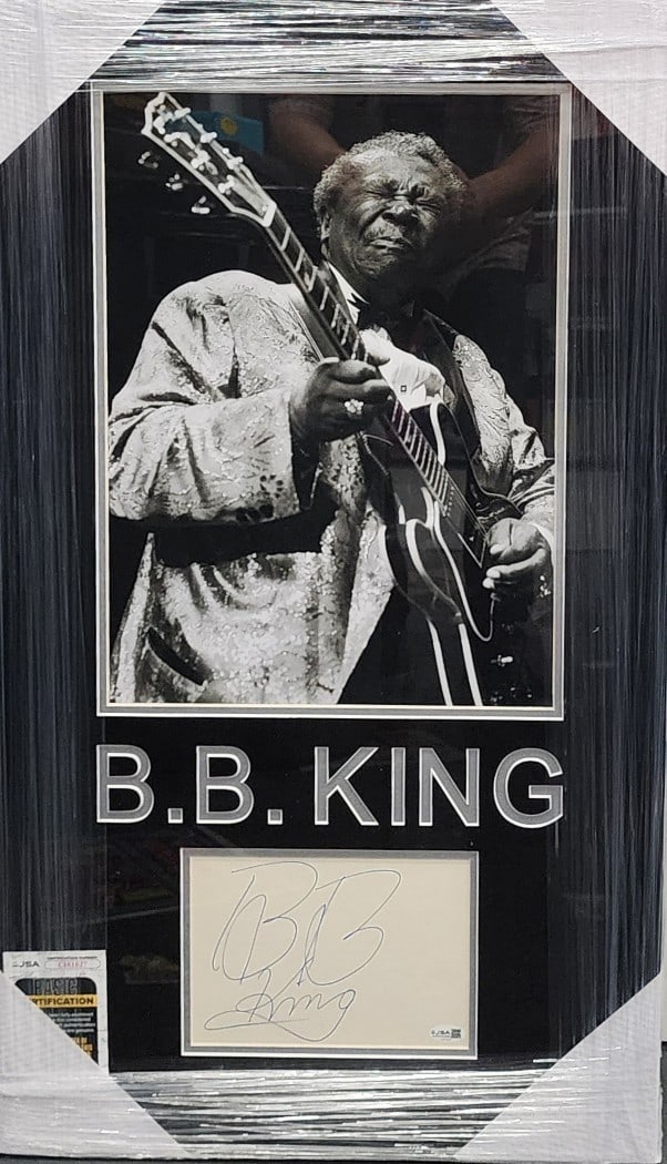 Framed B.B. King Autograph Cut with JSA Authentication The Thrill Is Gone: Framed B.B. King Autograph Cut with JSA Authentication The Thrill Is Gone This framed display features an original autograph by B.B. King on a cut, accompanied by a reference to "The Thrill Is Gone." 