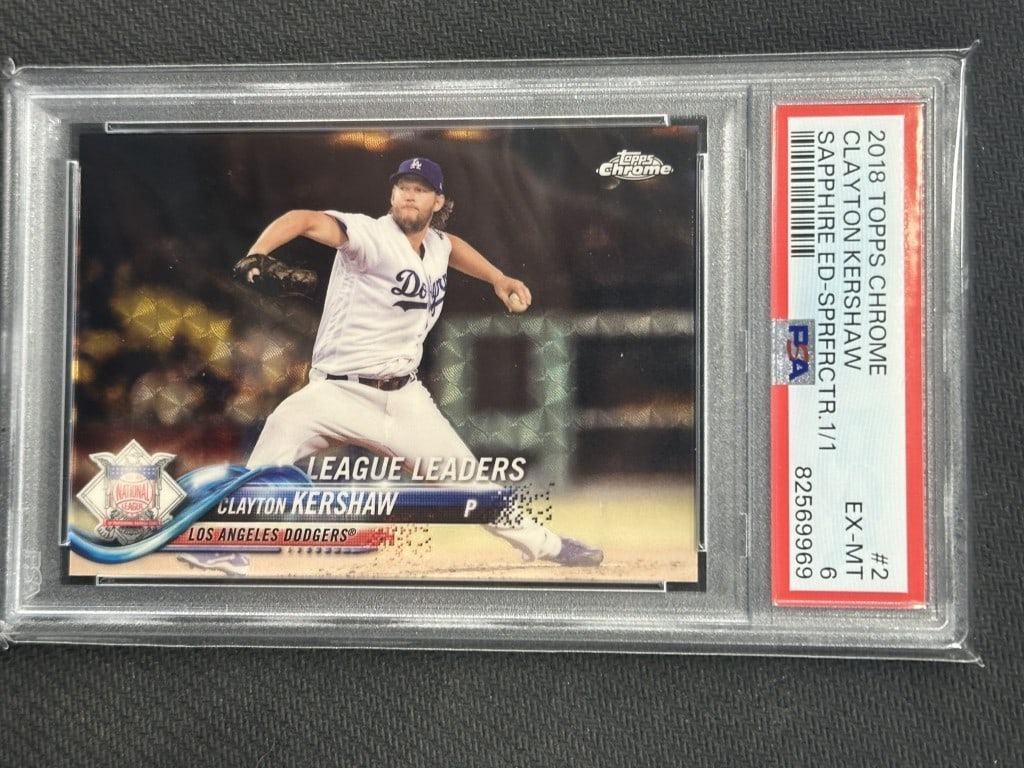 Clayton Kershaw 2018 Topps Chrome Sapphire Superfractor PSA 6 Dodgers 1 of 1: Clayton Kershaw 2018 Topps Chrome Sapphire Superfractor PSA 6 Dodgers 1 of 1 This is a rare Clayton Kershaw 2018 Topps Chrome Sapphire Superfractor baseball card, featuring card number 2. Graded by Pr
