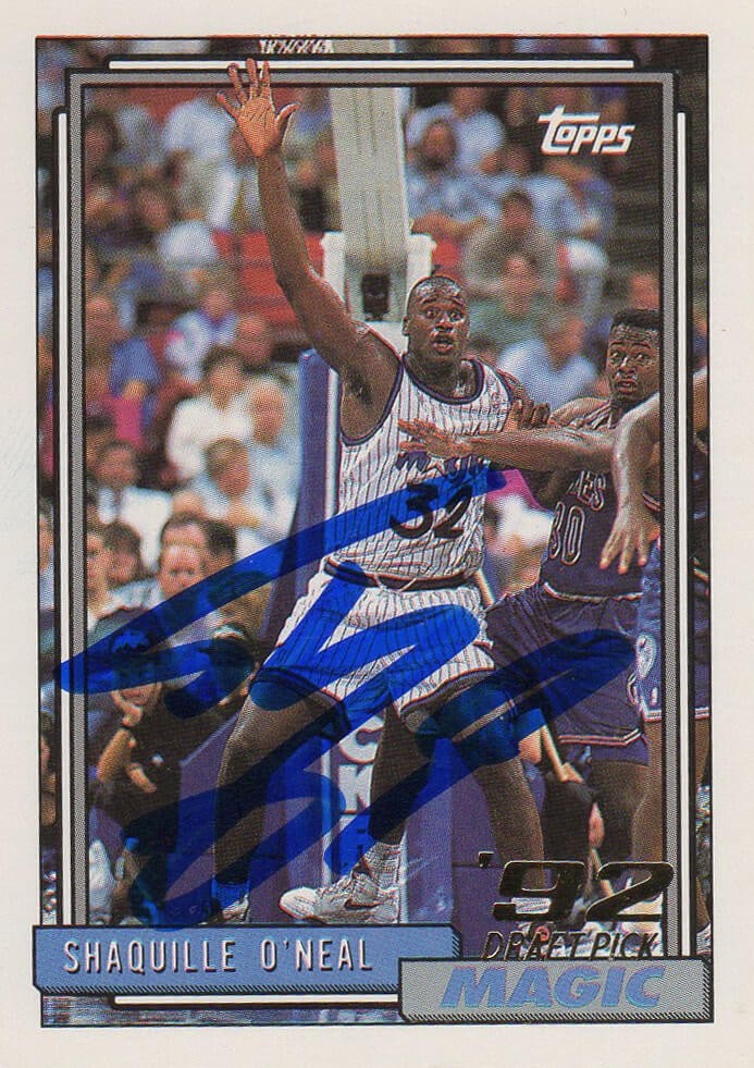 1992 Topps #362 Shaquille O'Neal signed Orlando Magic rookie card with COA: 1992 Topps #362 Shaquille O'Neal signed Orlando Magic rookie card with COA Autographed Orlando Magic 1992 Topps rookie card #362 signed by Shaquille O'Neal. The item comes with a tamper-proof numbered