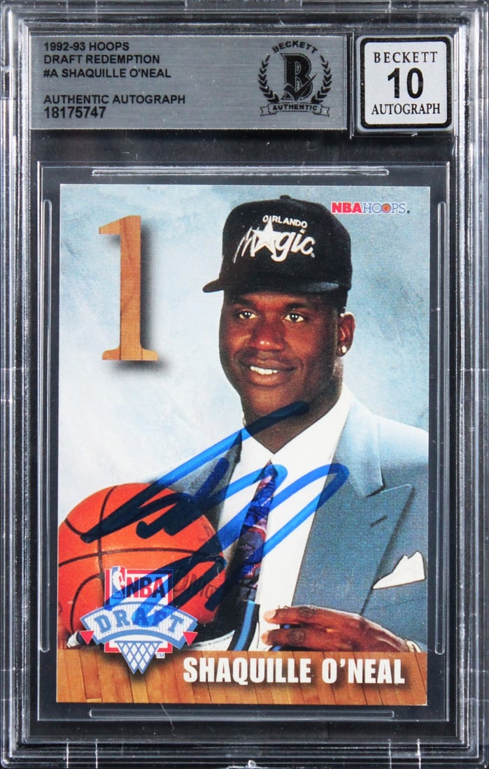 Shaquille O'Neal Signed 1992 Hoops Rookie Card Gem Mint 10 Beckett: Shaquille O'Neal Signed 1992 Hoops Rookie Card Gem Mint 10 Beckett This is a 1992 Hoops Draft Redemption #A Rookie Card personally signed by basketball legend Shaquille O'Neal, featuring his autograph