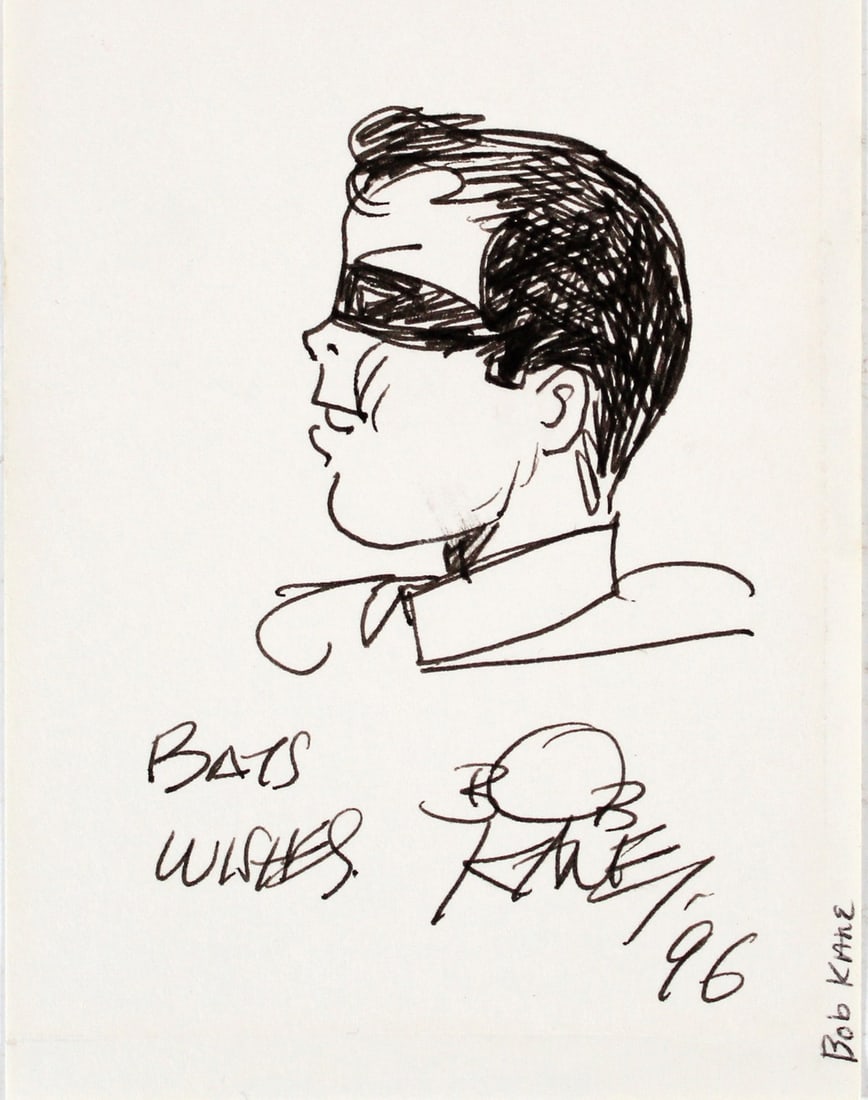 Robin 3x4 Sketch Signed by Bob Kane with Bats Wishes 1996 Beckett COA: Robin 3x4 Sketch Signed by Bob Kane with Bats Wishes 1996 Beckett COA This 3x4 inch Robin sketch features the inscription "Bats Wishes '96" and has been personally signed by Bob Kane. The autograph is