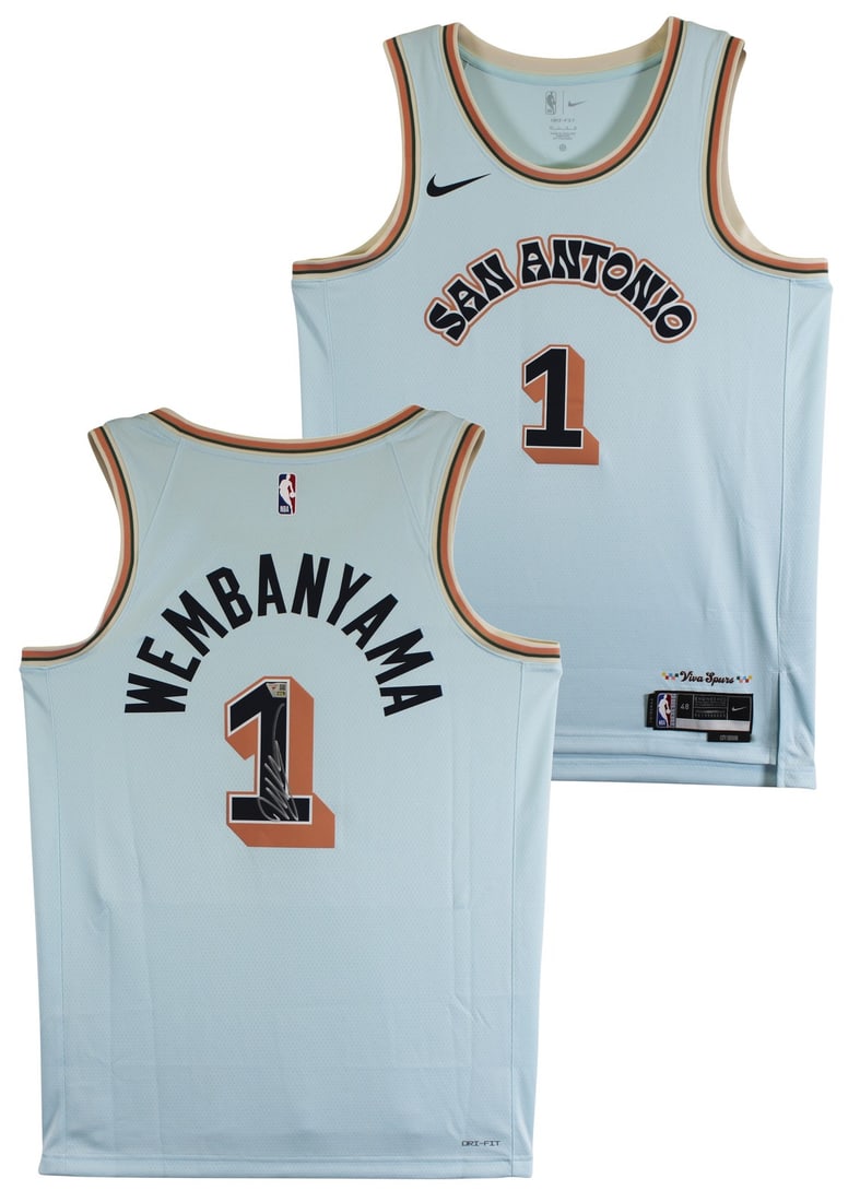 Victor Wembanyama Autographed 2024 Nike City Edition Spurs Jersey Fanatics Authenticated: Victor Wembanyama Autographed 2024 Nike City Edition Spurs Jersey Fanatics Authenticated This 2024 Light Blue Nike City Edition jersey has been personally signed by Victor Wembanyama of the San Antoni