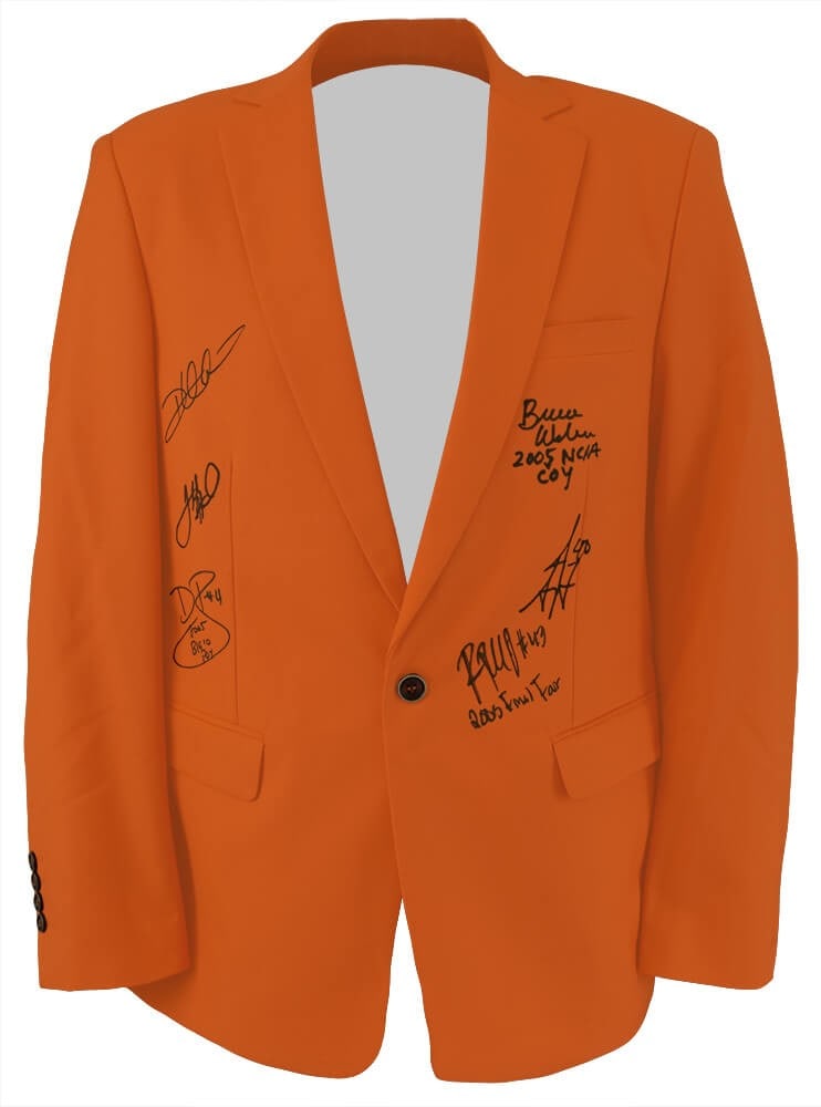 Orange Mogu Blazer Signed by 2005 Illinois Basketball Starters and Coach with Inscriptions: Orange Mogu Blazer Signed by 2005 Illinois Basketball Starters and Coach with Inscriptions This is an original 2005 Illinois Fighting Illini men's orange blazer sport coat, signed by six members of th