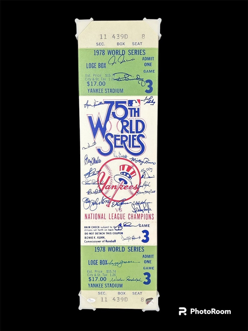 1978 Yankees World Series Game 3 jumbo ticket JSA certified team signed: 1978 Yankees World Series Game 3 jumbo ticket JSA certified team signed This is a jumbo Game 3 ticket from the 1978 World Series, featuring signatures from the New York Yankees team. The ticket is an 