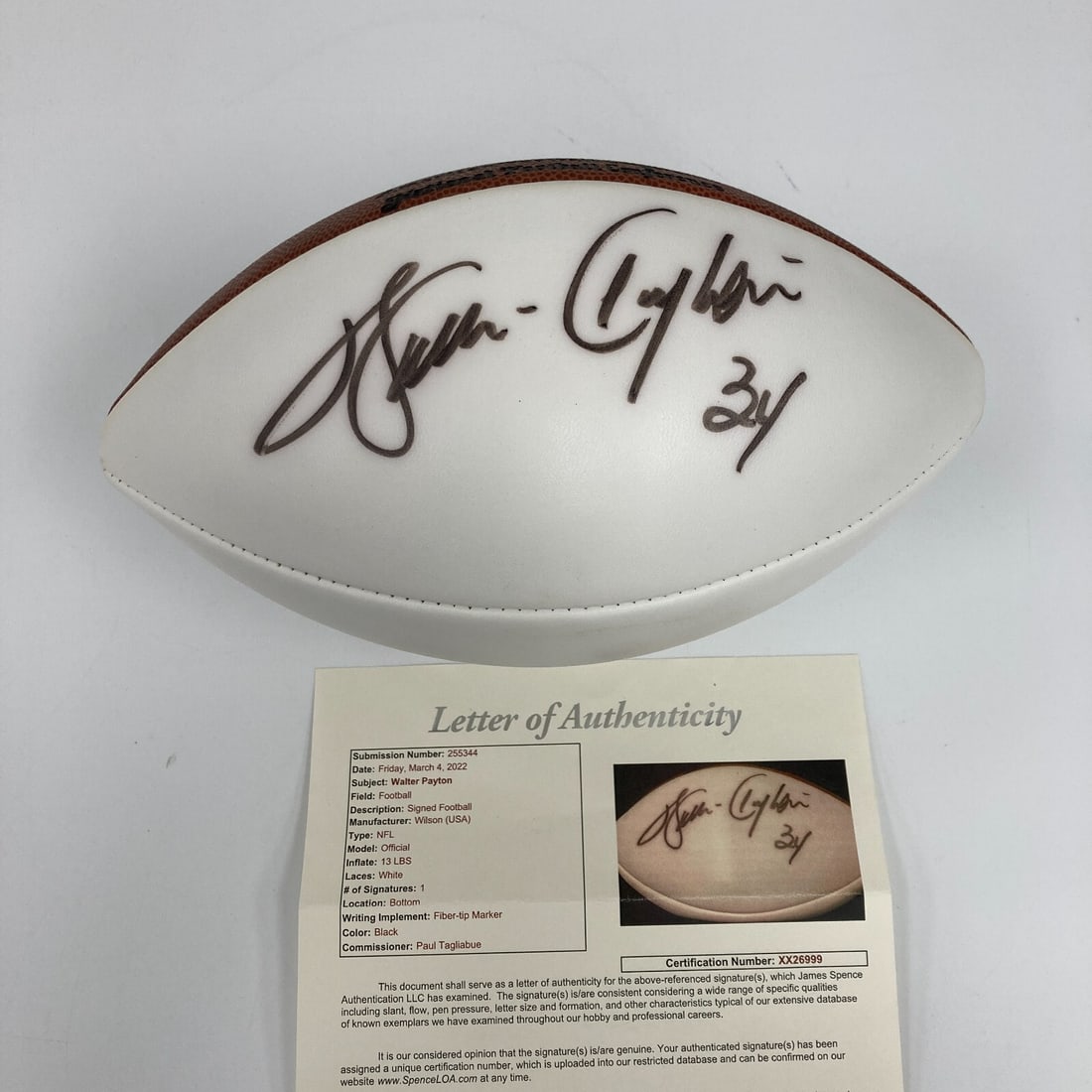 Walter Payton Signed Wilson NFL Football with JSA COA: Walter Payton Signed Wilson NFL Football with JSA COA Celebrate the legacy of Walter Payton with this officially licensed Wilson NFL Game Football, signed by the legendary player himself. This origina