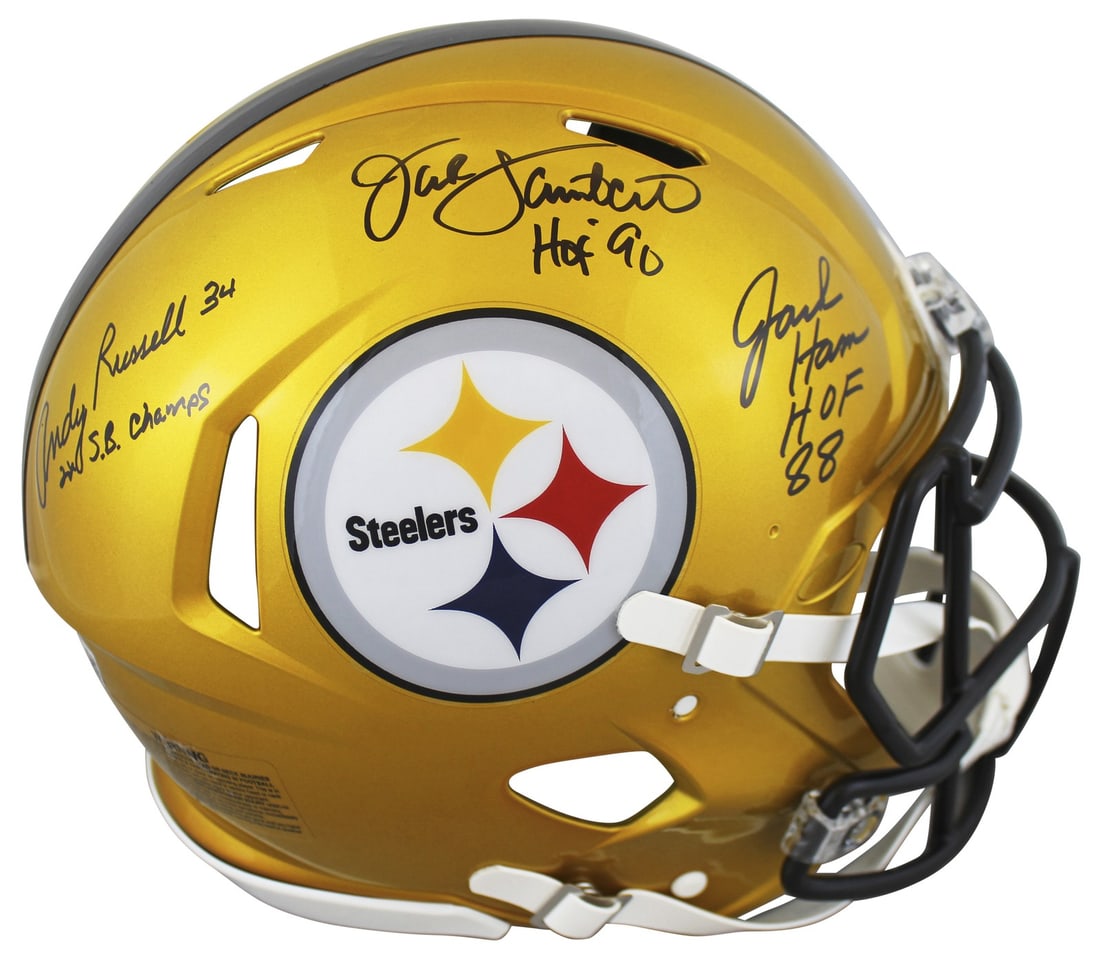 Pittsburgh Steelers Signed Flash Helmet by Lambert Ham Russell BAS Authenticated: Pittsburgh Steelers Signed Flash Helmet by Lambert Ham Russell BAS Authenticated This officially licensed Pittsburgh Steelers Flash Full Size Speed Proline Helmet is a must-have for any fan. It featur