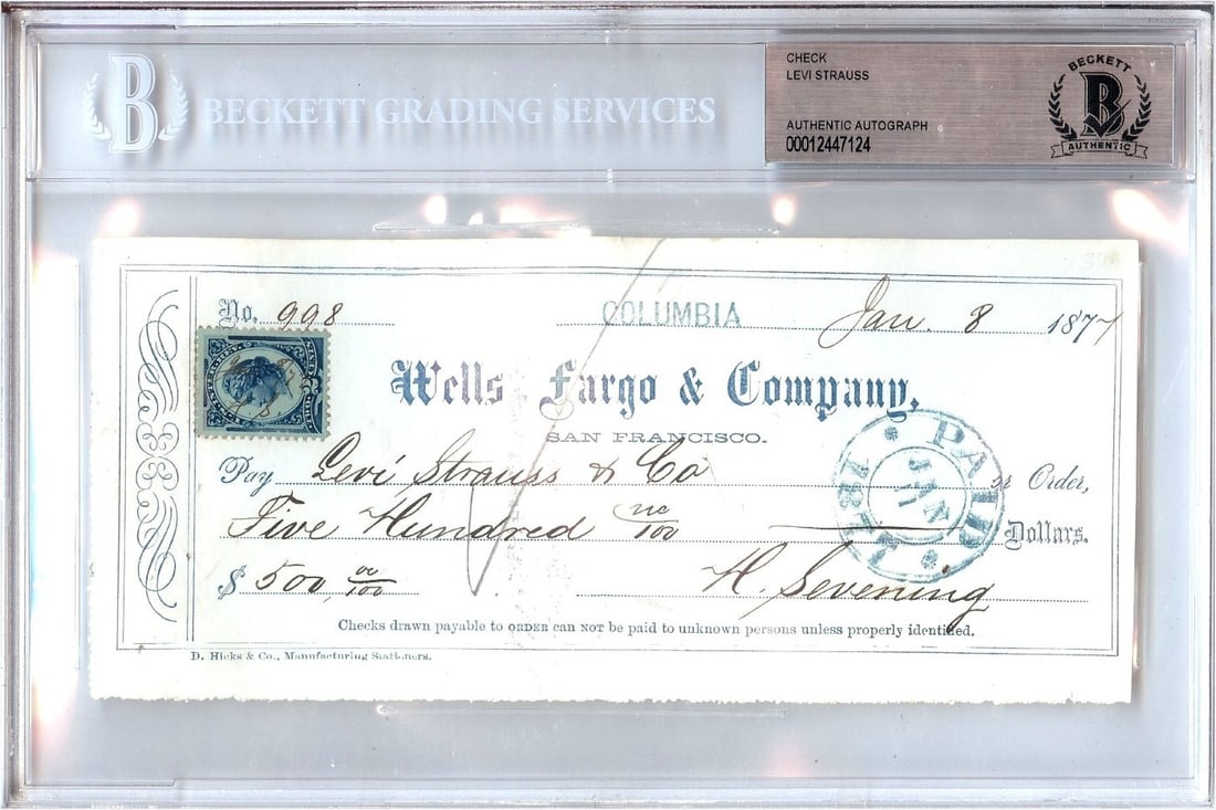 Levi Strauss 1877 Signed Check Authenticated by Beckett (1 of 2)