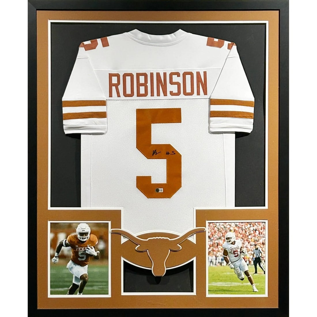 Framed Autographed Bijan Robinson Jersey Beckett Texas Longhorns Falcons: Framed Autographed Bijan Robinson Jersey Beckett Texas Longhorns Falcons This framed jersey features an authentic signature from Bijan Robinson and represents his time with the Texas Longhorns and the