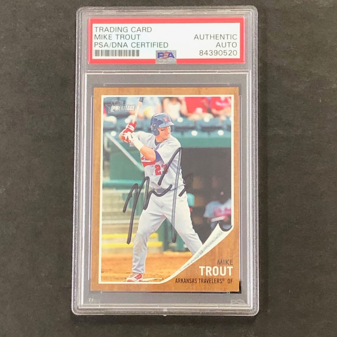 2011 Topps Heritage Minor League Mike Trout Autographed Card PSA Authenticated: 2011 Topps Heritage Minor League Mike Trout Autographed Card PSA Authenticated This is an original 2011 TOPPS HERITAGE MINOR LEAGUE #44 baseball card featuring the signature of Mike Trout, a celebrate
