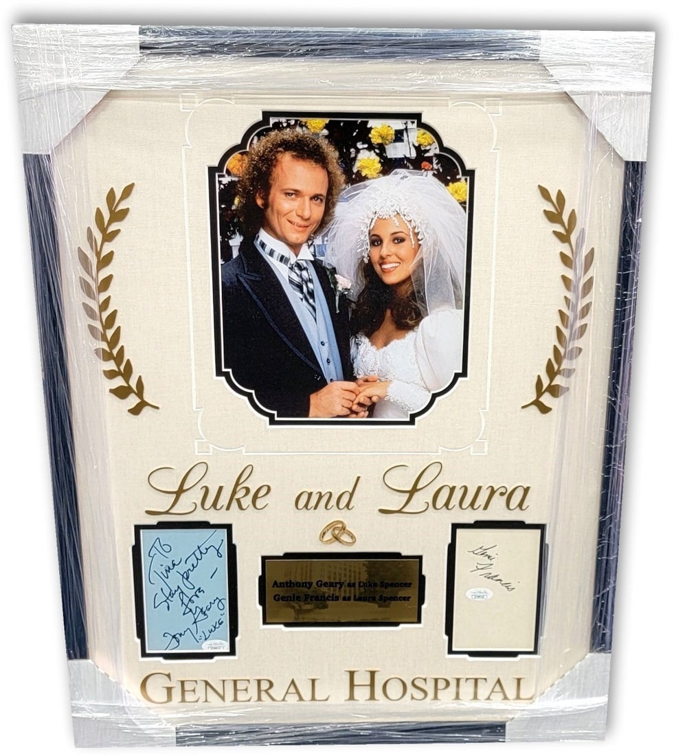 Framed Collage Signed by Anthony Geary and Genie Francis JSA General Hospital: Framed Collage Signed by Anthony Geary and Genie Francis JSA General Hospital This framed collage features authentic autographs from Anthony Geary and Genie Francis, known for their roles on General H