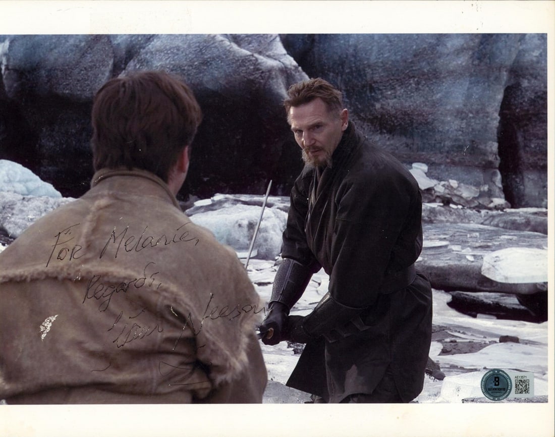 Liam Neeson Signed Batman Begins 8x10 Photo For Melanie BAS Authenticated: Liam Neeson Signed Batman Begins 8x10 Photo For Melanie BAS Authenticated This stunning autographed 8x10 photograph features Liam Neeson, renowned for his role in "Batman Begins," with the heartfelt i