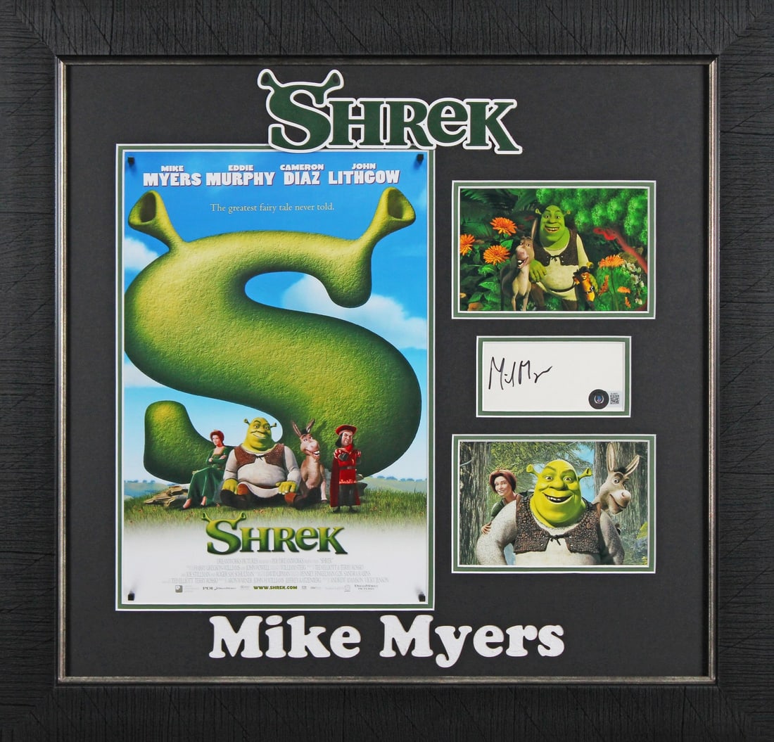 Mike Myers Shrek Signed Framed 3x5 Index Card Beckett Authenticated: Mike Myers Shrek Signed Framed 3x5 Index Card Beckett Authenticated This authentic signed and framed 3x5 index card features the iconic signature of Mike Myers, known for his role in Shrek. The item i