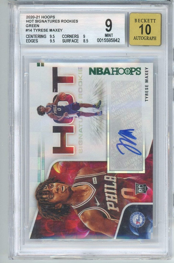 Tyrese Maxey Hot Sigs Green Rookie Auto 2020 BGS 10 Panini Hoops Card: Tyrese Maxey Hot Sigs Green Rookie Auto 2020 BGS 10 Panini Hoops Card This is an original 2020 Panini Hoops Tyrese Maxey #HR-TMA Hot Sigs Green Auto Rookie Card featuring Tyrese Maxey of the Philadelp