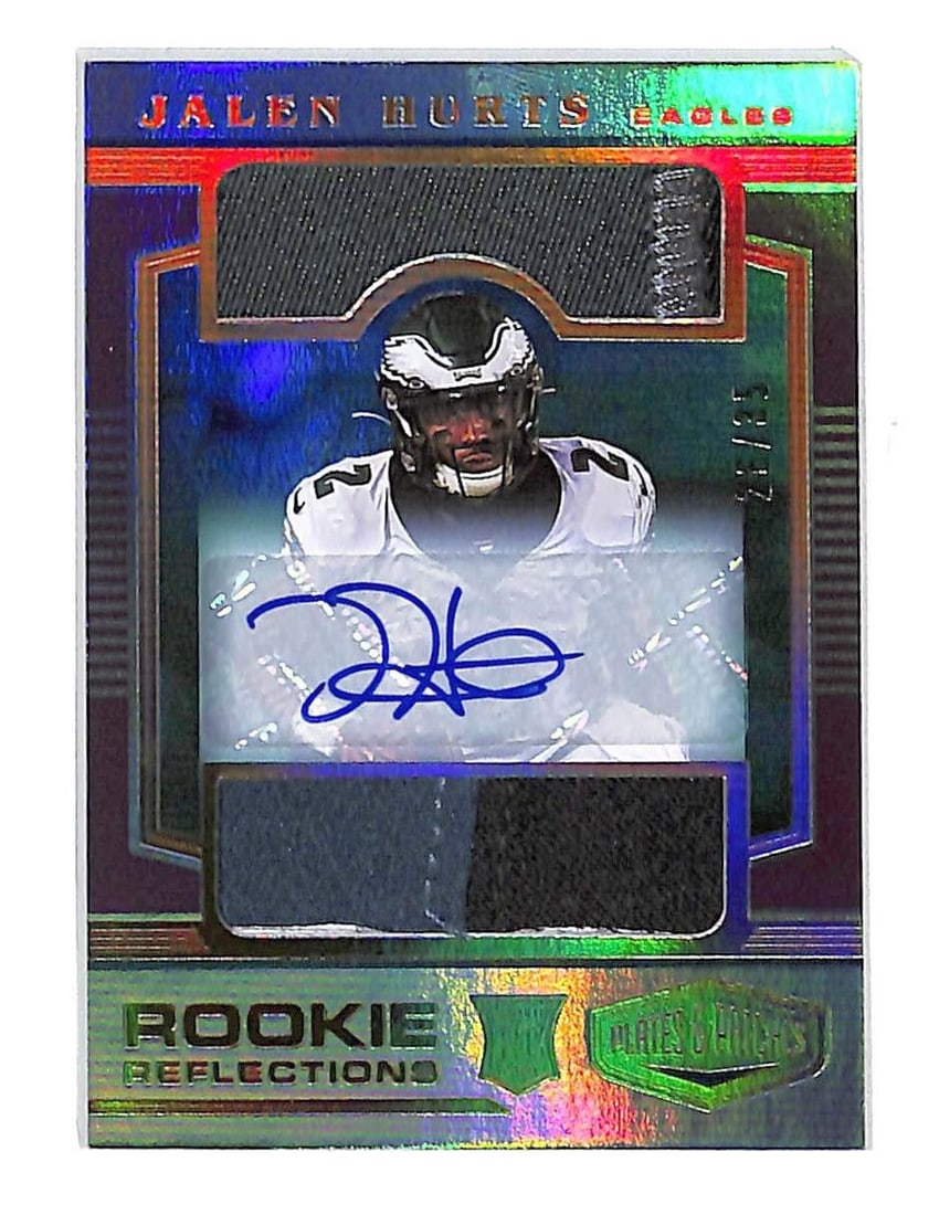 Jalen Hurts 2020 Panini Plates & Patches Purple Dual Jersey RC /35 Autographed: Jalen Hurts 2020 Panini Plates & Patches Purple Dual Jersey RC /35 Autographed This is a Jalen Hurts 2020 Panini Plates & Patches Reflections Dual Jersey Purple rookie trading card, featuring an authe