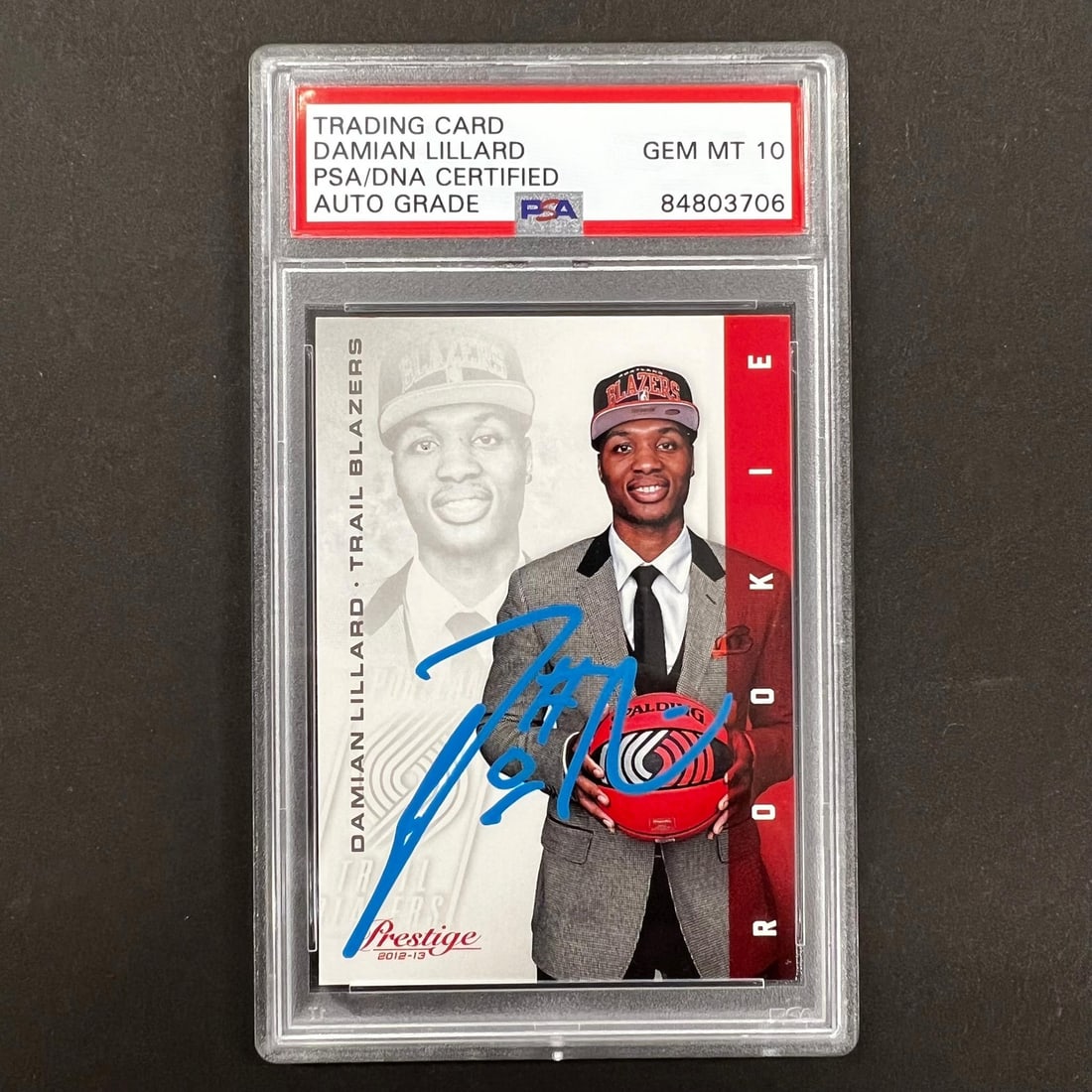 2012-13 Panini Prestige #214 Damian Lillard Autographed Card PSA 10: 2012-13 Panini Prestige #214 Damian Lillard Autographed Card PSA 10 This 2012-13 Panini Prestige #214 sports trading card features a bold autograph from NBA star Damian Lillard, encapsulated in a PSA 