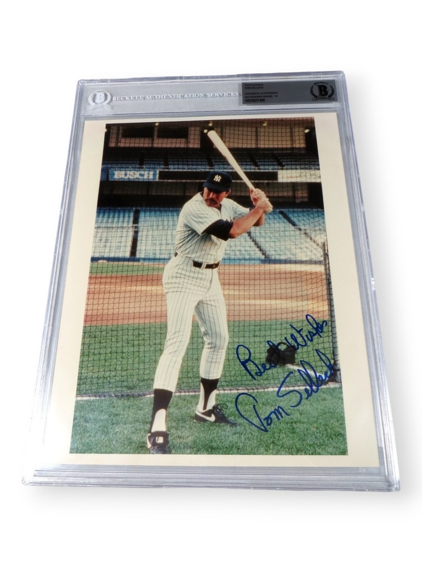 Tom Selleck Autographed 8X10 Photo Mr. Baseball Beckett Authenticated: Tom Selleck Autographed 8X10 Photo Mr. Baseball Beckett Authenticated Enhance your memorabilia collection with this original 8X10 photograph signed by the legendary actor Tom Selleck, known for his