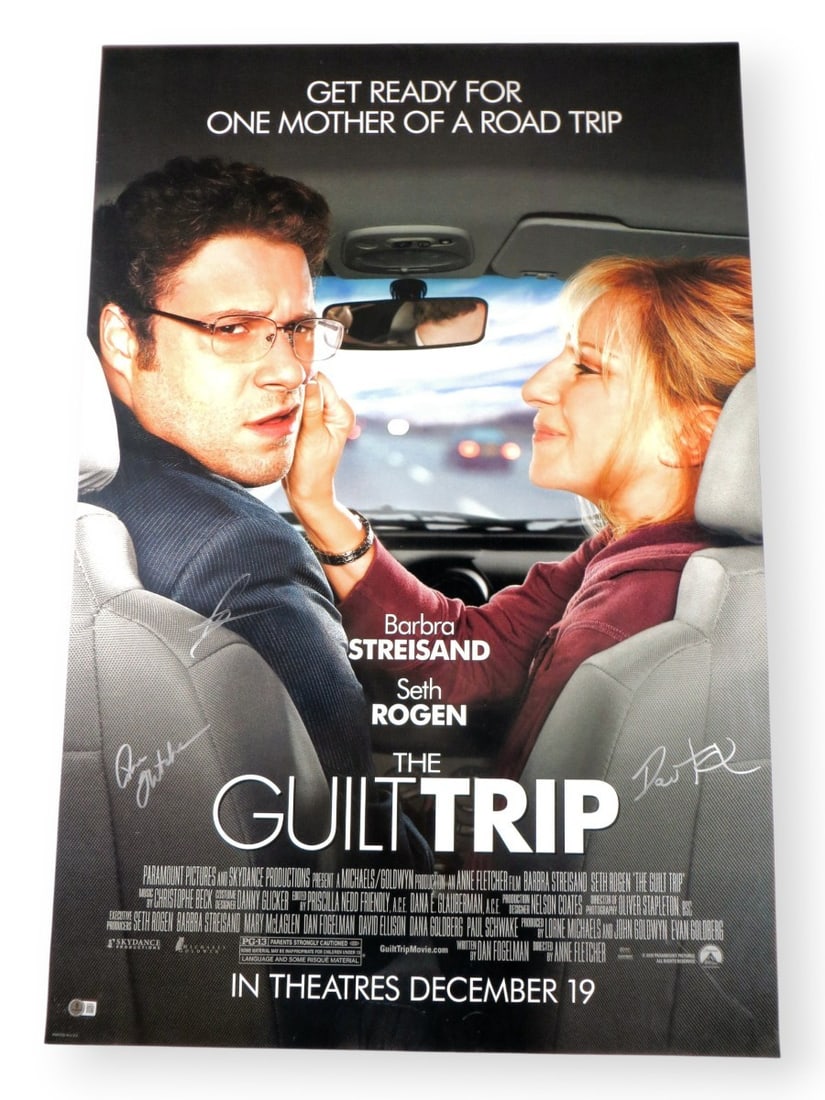 The Guilt Trip Signed 27x40 Poster Rogen Fletcher Fogelman Beckett Authenticated: The Guilt Trip Signed 27x40 Poster Rogen Fletcher Fogelman Beckett Authenticated This is an original 27x40 poster of 'The Guilt Trip' featuring the autographs of Seth Rogen, Anne Fletcher, and Dan