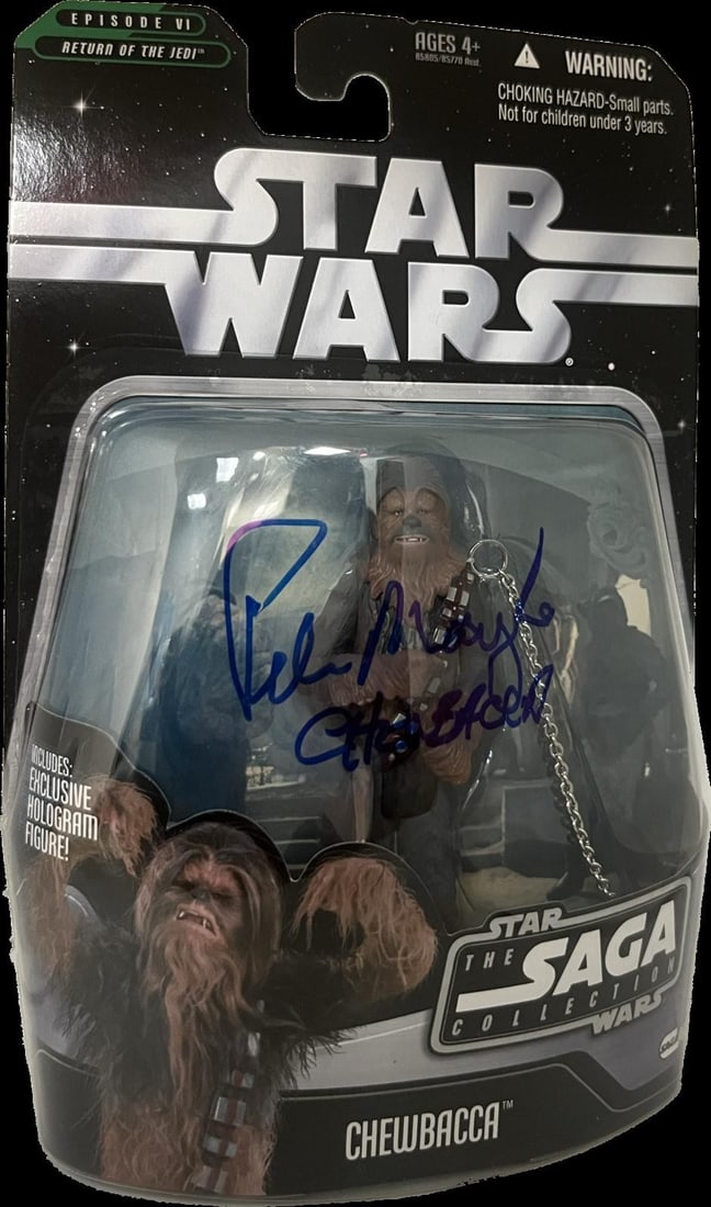 Beckett Authenticated Chewbacca Figure Signed by Peter Mayhew: Beckett Authenticated Chewbacca Figure Signed by Peter Mayhew This original Star Wars: The Saga Collection Chewbacca action figure is hand-signed and inscribed "Chewbacca" by Peter Mayhew, the actor