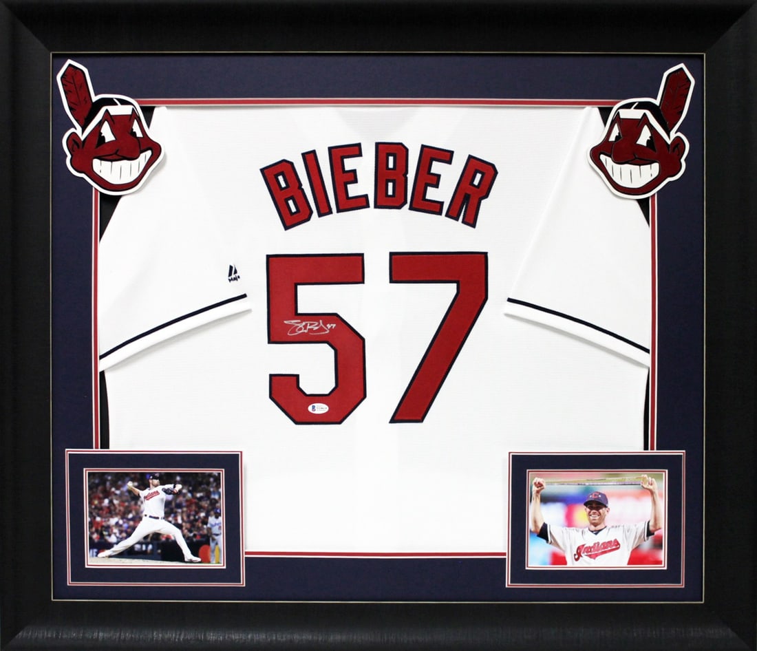 Shane Bieber Autographed Framed Jersey White Majestic Cool Base Beckett COA: Shane Bieber Autographed Framed Jersey White Majestic Cool Base Beckett COA Celebrate your Cleveland Indians pride with this autographed Shane Bieber white Majestic Cool Base jersey, expertly framed
