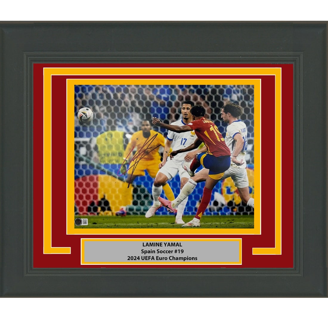 Lamine Yamal Signed Spain 11x14 Framed World Cup Photo Beckett COA: Lamine Yamal Signed Spain 11x14 Framed World Cup Photo Beckett COA This is a professionally framed and matted 11x14 photo of Lamine Yamal from the Spain national team, signed by the athlete. The autog