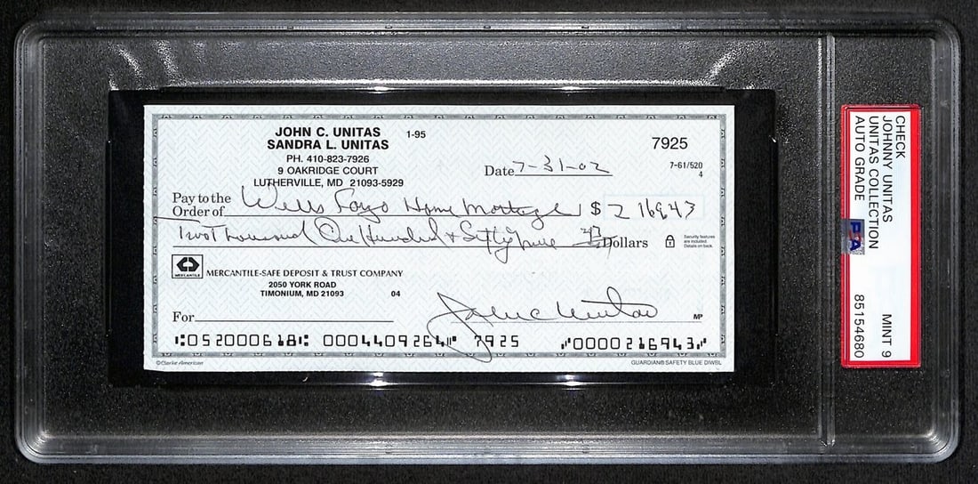 Johnny Unitas Signed Check 7/31/02 Baltimore Colts PSA/DNA MINT 9: Johnny Unitas Signed Check 7/31/02 Baltimore Colts PSA/DNA MINT 9 Offered is an original Johnny Unitas signed check dated July 31, 2002, from his time with the Baltimore Colts. This check has been aut
