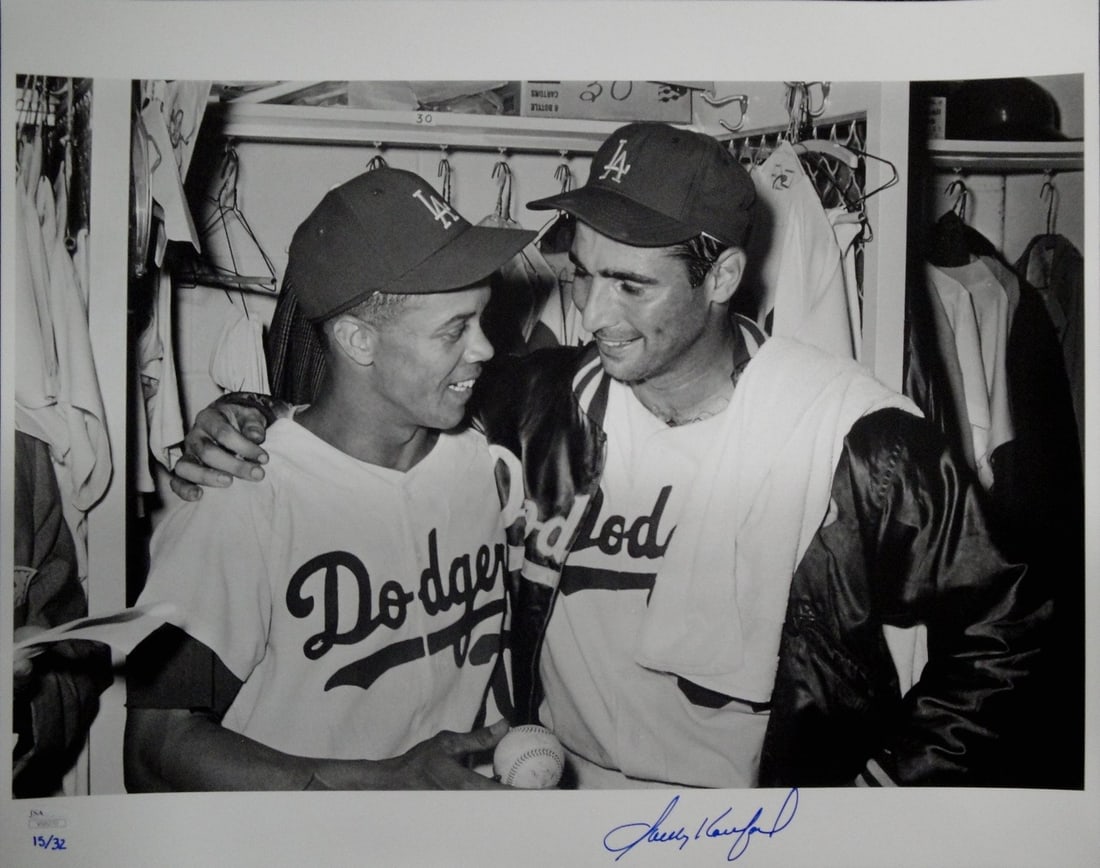 Sandy Koufax Autographed 16x20 Dodgers Photo with JSA Authentication: Sandy Koufax Autographed 16x20 Dodgers Photo with JSA Authentication This is a stunning 16x20 photo of legendary pitcher Sandy Koufax, hand-signed and authenticated by James Spence Authentication (JSA