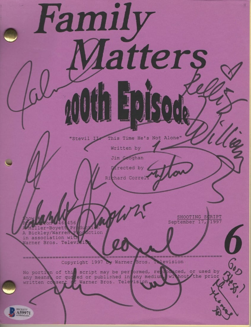 Family Matters 200th Episode Autographed Script Jaleel White Reginald VelJohnson Beckett: Family Matters 200th Episode Autographed Script Jaleel White Reginald VelJohnson Beckett Authenticated Celebrate the iconic sitcom "Family Matters" with this original autographed TV script from its 20