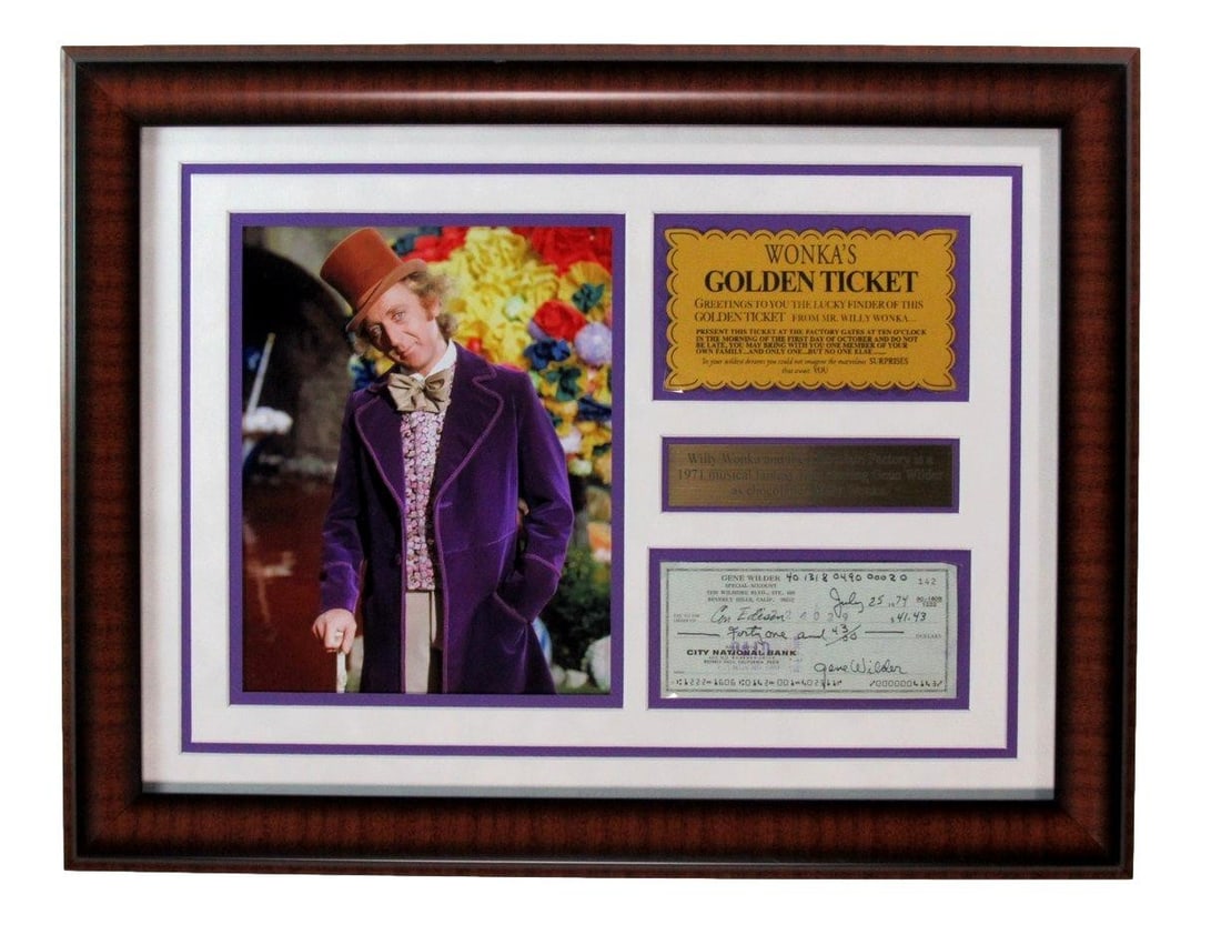 Gene Wilder Framed Signed Check and Photo Display Beckett Authenticated: Gene Wilder Framed Signed Check and Photo Display Beckett Authenticated This framed display features an original bank check signed by Gene Wilder, presented alongside a photo collage from "Willy Wonka