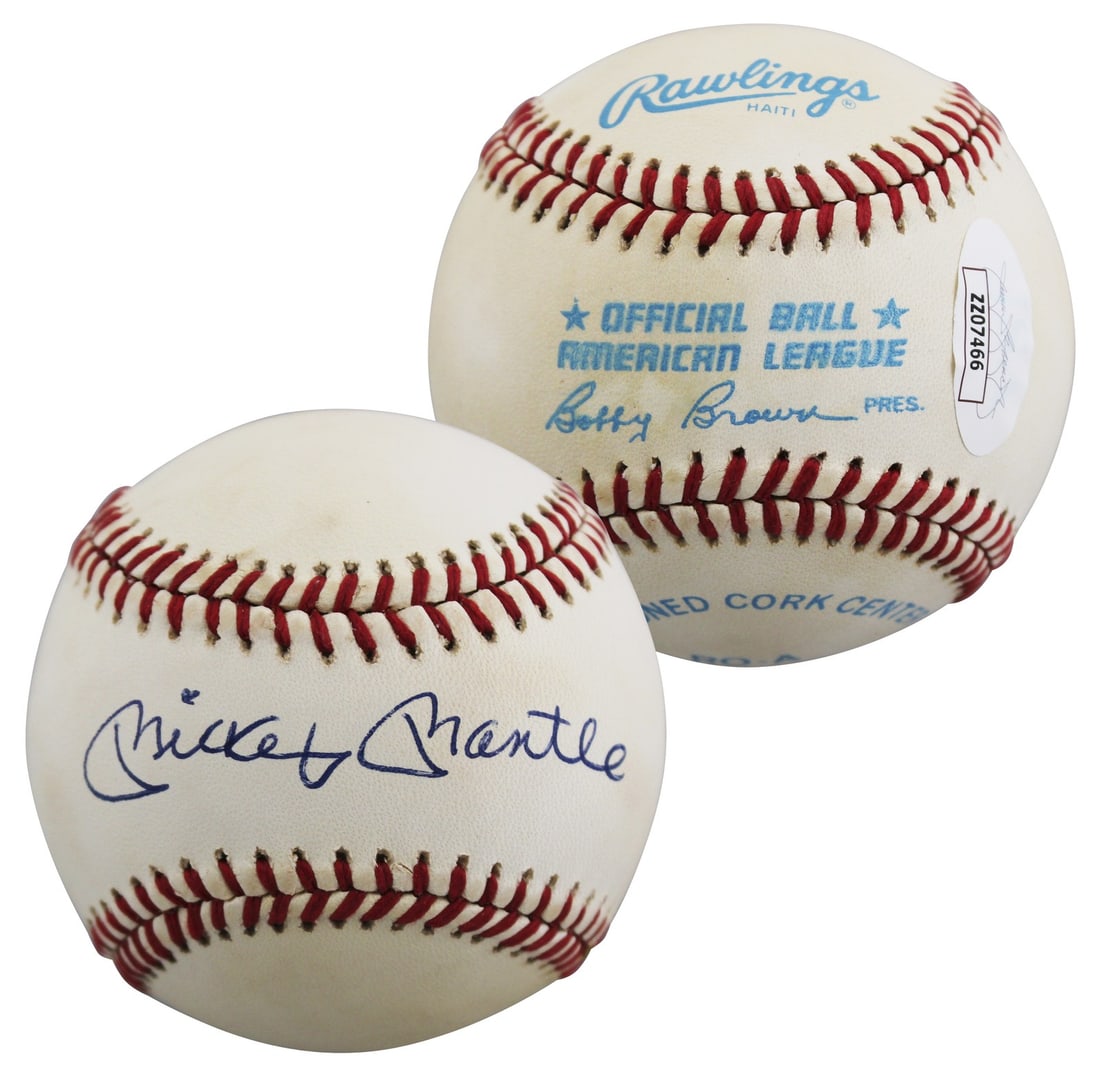 Mickey Mantle Signed Bobby Brown OAL Baseball JSA Authenticated Yankees: Mickey Mantle Signed Bobby Brown OAL Baseball JSA Authenticated Yankees This is an original Bobby Brown Official American League baseball autographed by Mickey Mantle of the New York Yankees. The base