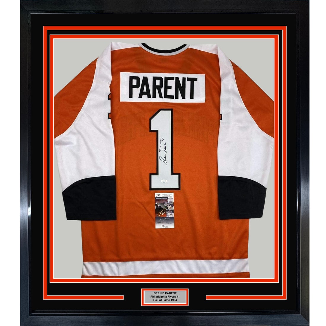 Framed Signed Bernie Parent Philadelphia Flyers Jersey JSA COA 33x42: Framed Signed Bernie Parent Philadelphia Flyers Jersey JSA COA 33x42 This professionally framed and matted collectible features an autographed Philadelphia Flyers jersey by legendary NHL player Bernie