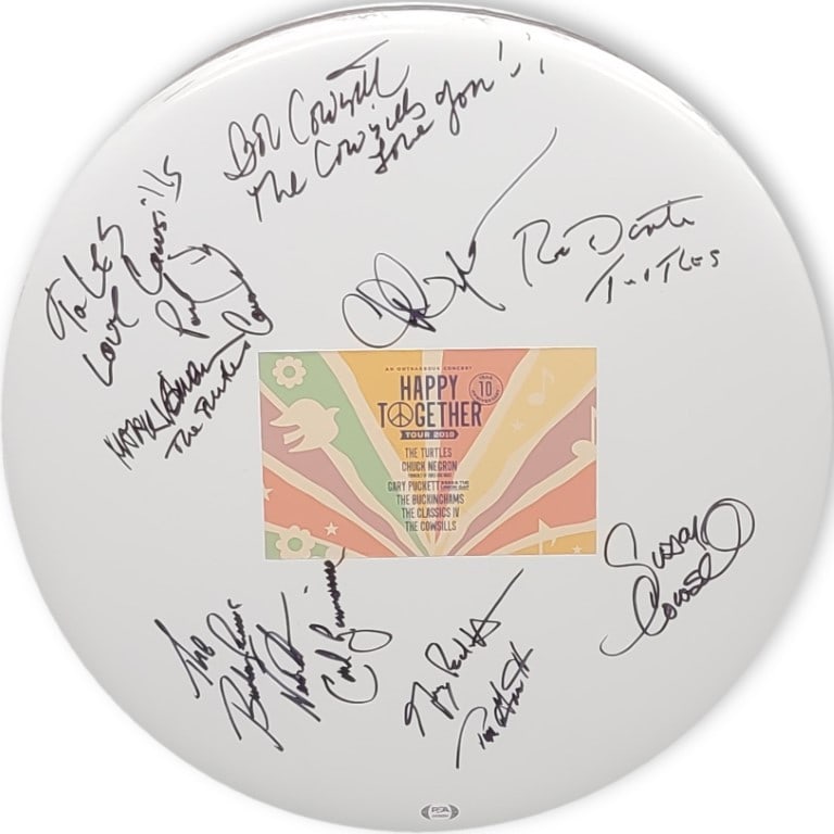 22" Autographed Drumhead by The Turtles Chuck Negron PSA/DNA: 22" Autographed Drumhead by The Turtles Chuck Negron PSA/DNA This autographed 22" drumhead celebrates the iconic Happy Together Tour of 2019, featuring signatures from legendary artists including The 