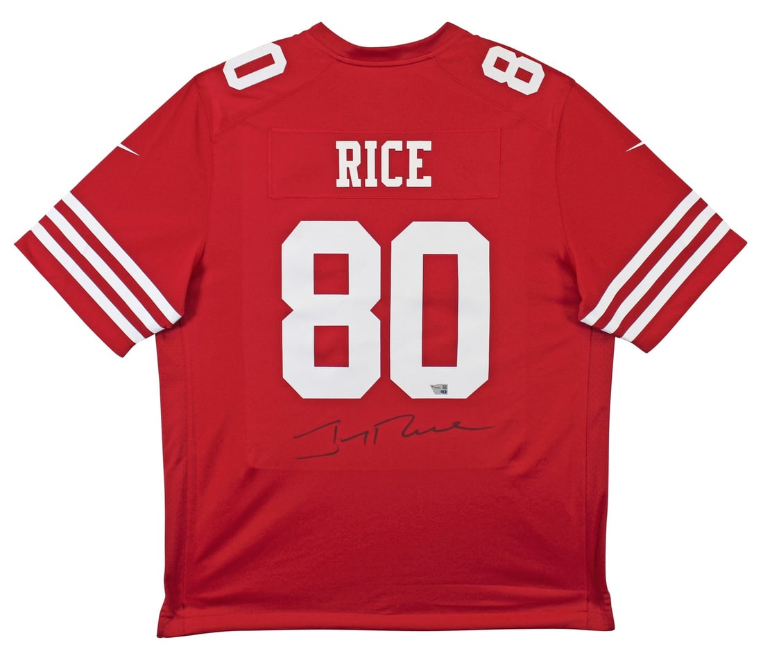 Jerry Rice Autographed Red Nike Game Jersey San Francisco 49ers Fanatics Certified: Jerry Rice Autographed Red Nike Game Jersey San Francisco 49ers Fanatics Certified This authentic red Nike game jersey has been personally signed by NFL legend Jerry Rice, a celebrated player of the S