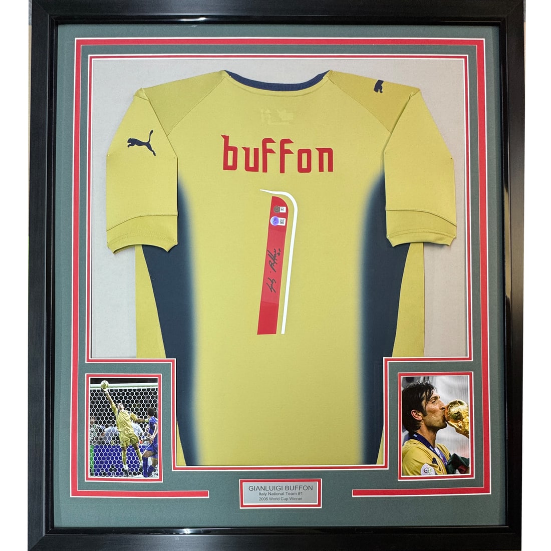 Framed Signed Gianluigi Buffon Italy Jersey 35x39 Beckett Authenticated: Framed Signed Gianluigi Buffon Italy Jersey 35x39 Beckett Authenticated Celebrate the legendary career of Gianluigi Buffon with this professionally framed and autographed 35x39 inch gold jersey from t