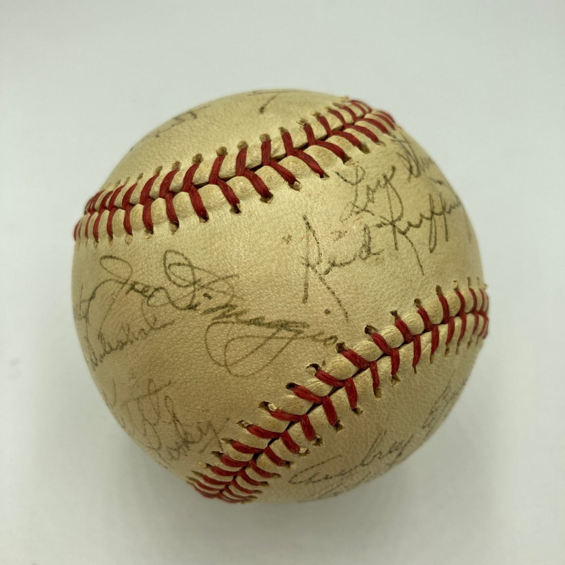 Pacific Coast League Baseball Signed by Joe DiMaggio and Others JSA Authenticated: Pacific Coast League Baseball Signed by Joe DiMaggio and Others JSA Authenticated This is an original 1930s Pacific Coast League baseball featuring multiple signatures from the rookie era of Joe DiMag