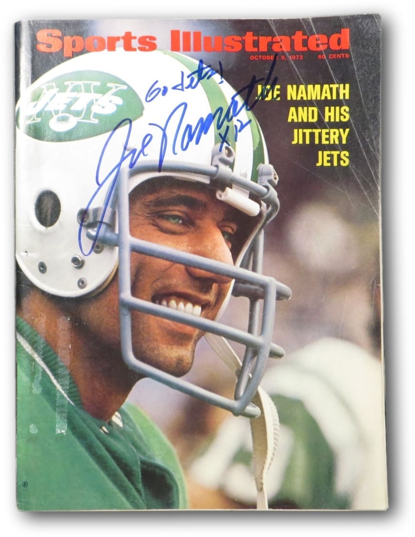 Joe Namath Signed Sports Illustrated 10/9/72 Go Jets JSA Authenticated: Joe Namath Signed Sports Illustrated 10/9/72 Go Jets JSA Authenticated This is an original Sports Illustrated magazine dated October 9, 1972, featuring the legendary Joe Namath, celebrated quarterback