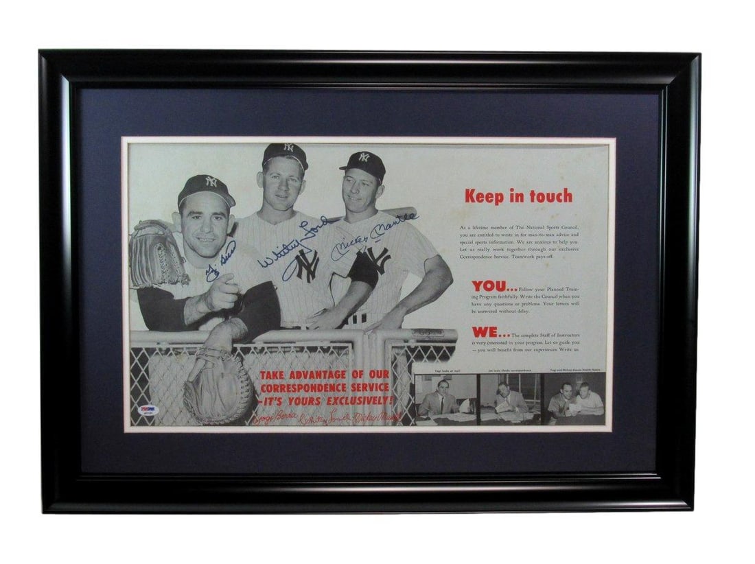 Framed Yankees Hall of Famers signed National Sports Council ad PSA: Framed Yankees Hall of Famers signed National Sports Council ad PSA This framed advertisement features original autographs from Mickey Mantle, Whitey Ford, and Yogi Berra on a "National Sports Council