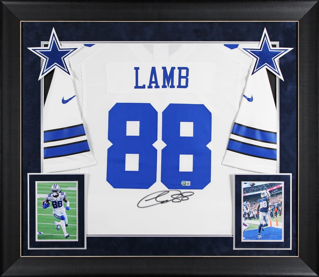 Framed CeeDee Lamb signed Dallas Cowboys Nike game jersey BAS authenticated: Framed CeeDee Lamb signed Dallas Cowboys Nike game jersey BAS authenticated This professionally framed white Nike Game jersey features an authentic signature from CeeDee Lamb of the Dallas Cowboys. Th
