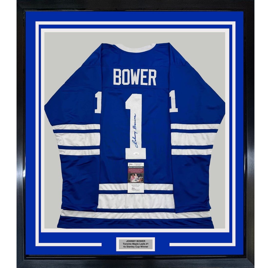Framed Signed Johnny Bower Toronto Maple Leafs Jersey with JSA COA: Framed Signed Johnny Bower Toronto Maple Leafs Jersey with JSA COA Celebrate the legacy of hockey legend Johnny Bower with this framed autographed Toronto Maple Leafs jersey. Measuring an impressive 3