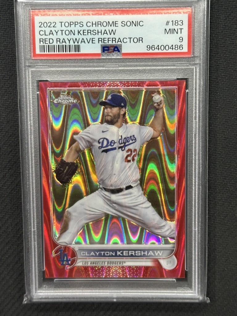 Clayton Kershaw 2022 Topps Chrome Sonic Red Raywave Refractor PSA 9 #183: Clayton Kershaw 2022 Topps Chrome Sonic Red Raywave Refractor PSA 9 #183 This 2022 Topps Chrome Sonic Red Raywave Refractor baseball card features Clayton Kershaw, a key player for the Los Angeles Dod