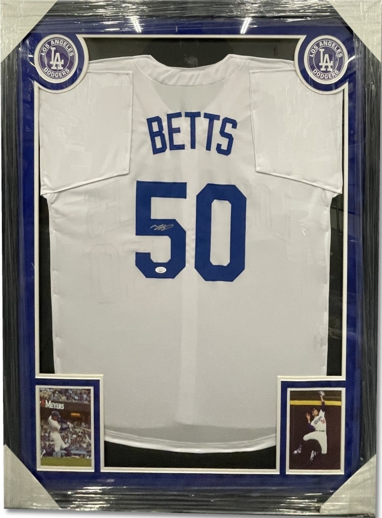 Mookie Betts Autographed Framed Jersey Los Angeles Dodgers JSA 43x35: Mookie Betts Autographed Framed Jersey Los Angeles Dodgers JSA 43x35 Elevate your sports memorabilia collection with this authentic Mookie Betts autographed jersey. This custom framed jersey features 