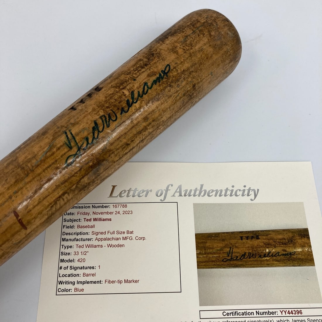 Ted Williams 1950s Signed Appalachian Baseball Bat JSA COA Boston Red Sox (1 of 9)