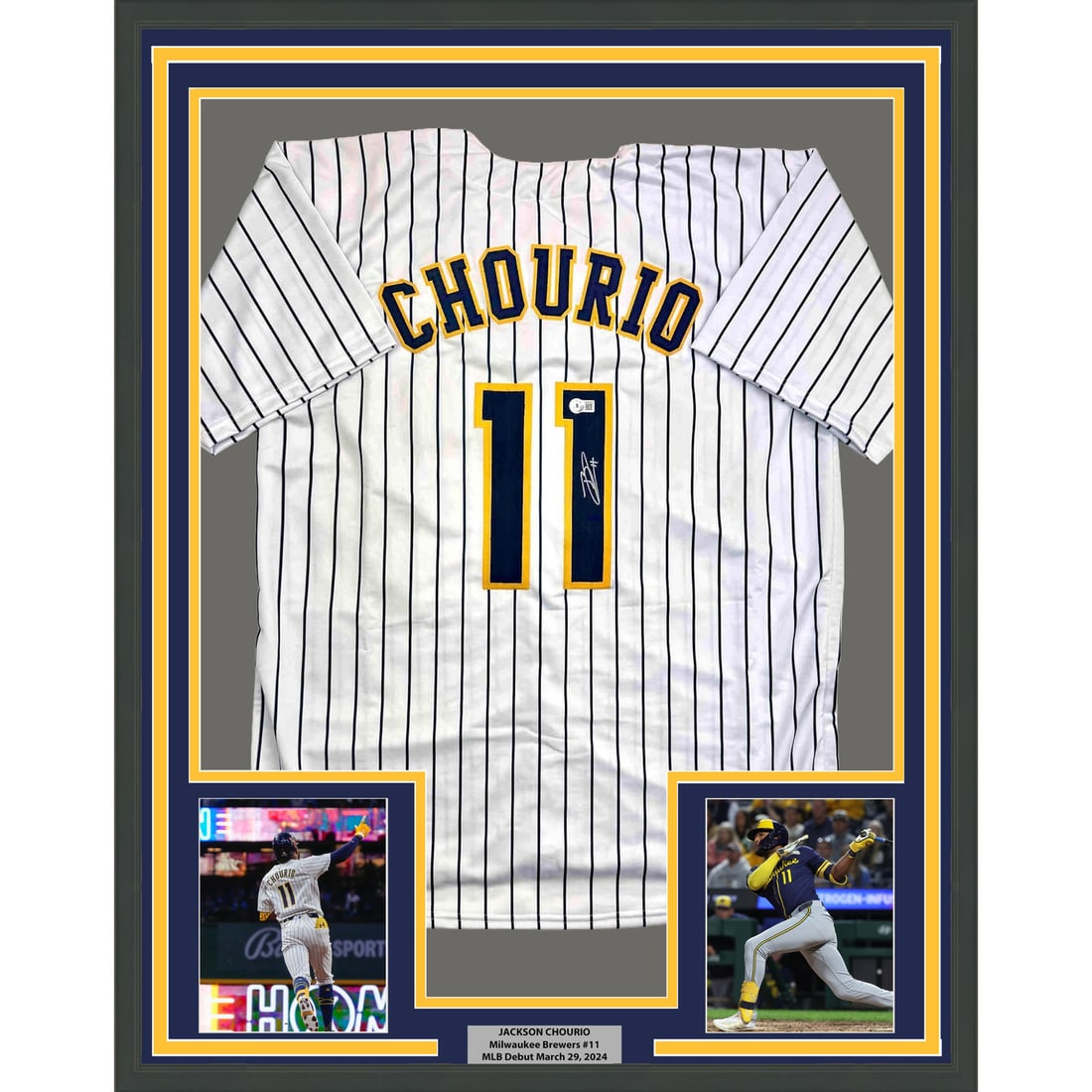 Jackson Chourio Signed Milwaukee Brewers Framed Jersey With BAS Authentication 35x39: Jackson Chourio Signed Milwaukee Brewers Framed Jersey With BAS Authentication 35x39 This professionally framed and matted Milwaukee Brewers pinstriped jersey features the authentic signature of Jacks