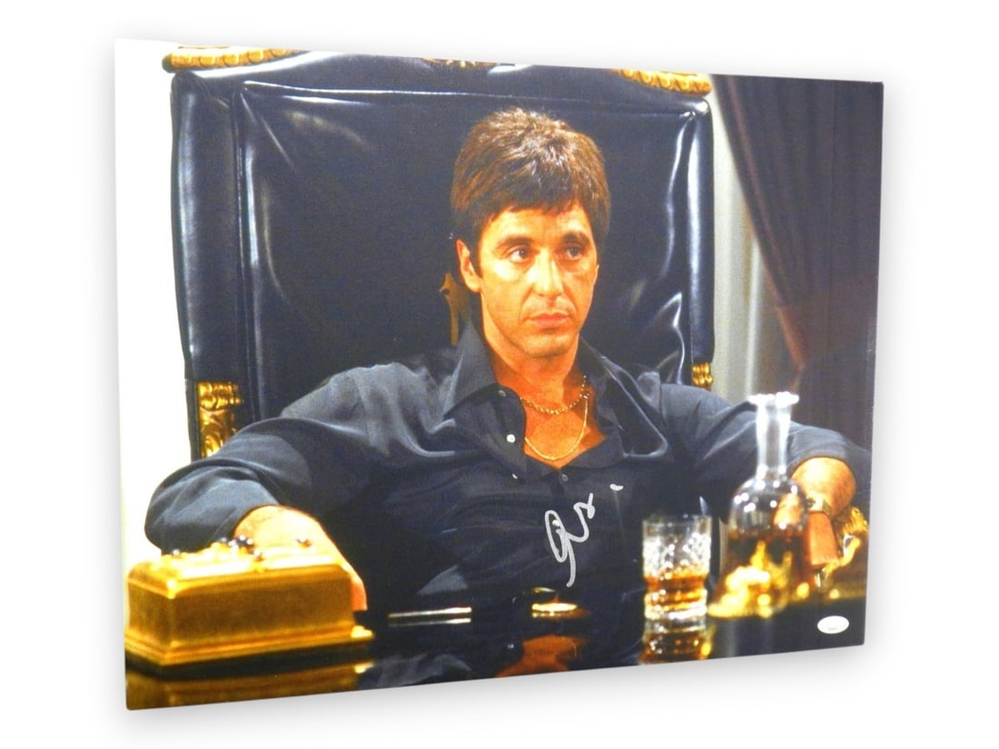 Al Pacino autographed Scarface 16X20 canvas photo with JSA: Al Pacino autographed Scarface 16X20 canvas photo with JSA This is an original Al Pacino signed 16x20 canvas photo featuring Scarface in a chair. The piece is professionally mounted and ready for fram
