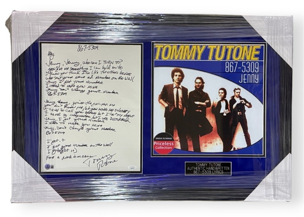 Framed 867-5309 Jenny Lyric Sheet Signed by Tommy Tutone JSA Authenticated: Framed 867-5309 Jenny Lyric Sheet Signed by Tommy Tutone JSA Authenticated This item is a custom-framed, hand-written lyric sheet for the song "867-5309/Jenny," personally signed by Tommy Tutone. The 