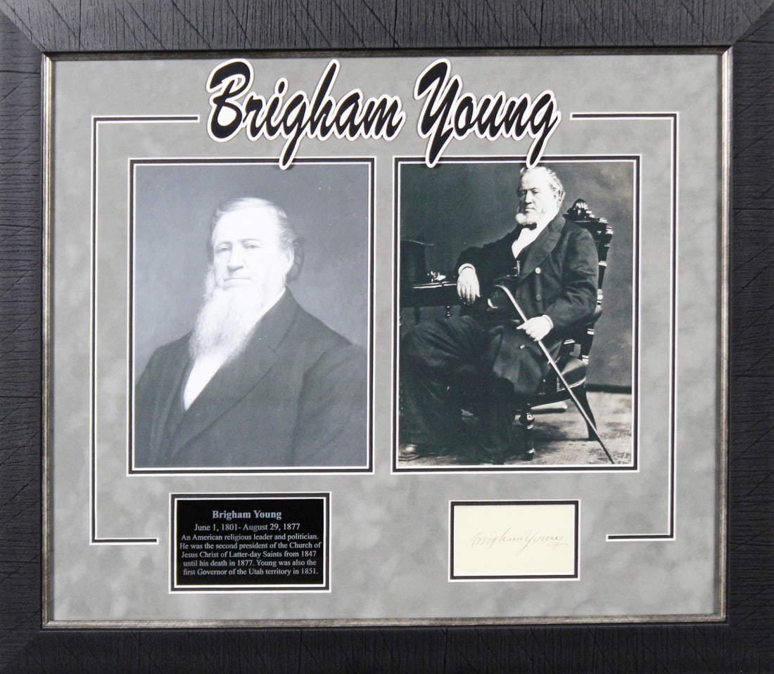 Framed Brigham Young Signed Cut With Beckett COA 21.5 x 25.5 Inch Display: Framed Brigham Young Signed Cut With Beckett COA 21.5 x 25.5 Inch Display This is an authentic Brigham Young hand-signed cut signature, professionally framed and authenticated by Beckett Authenticatio