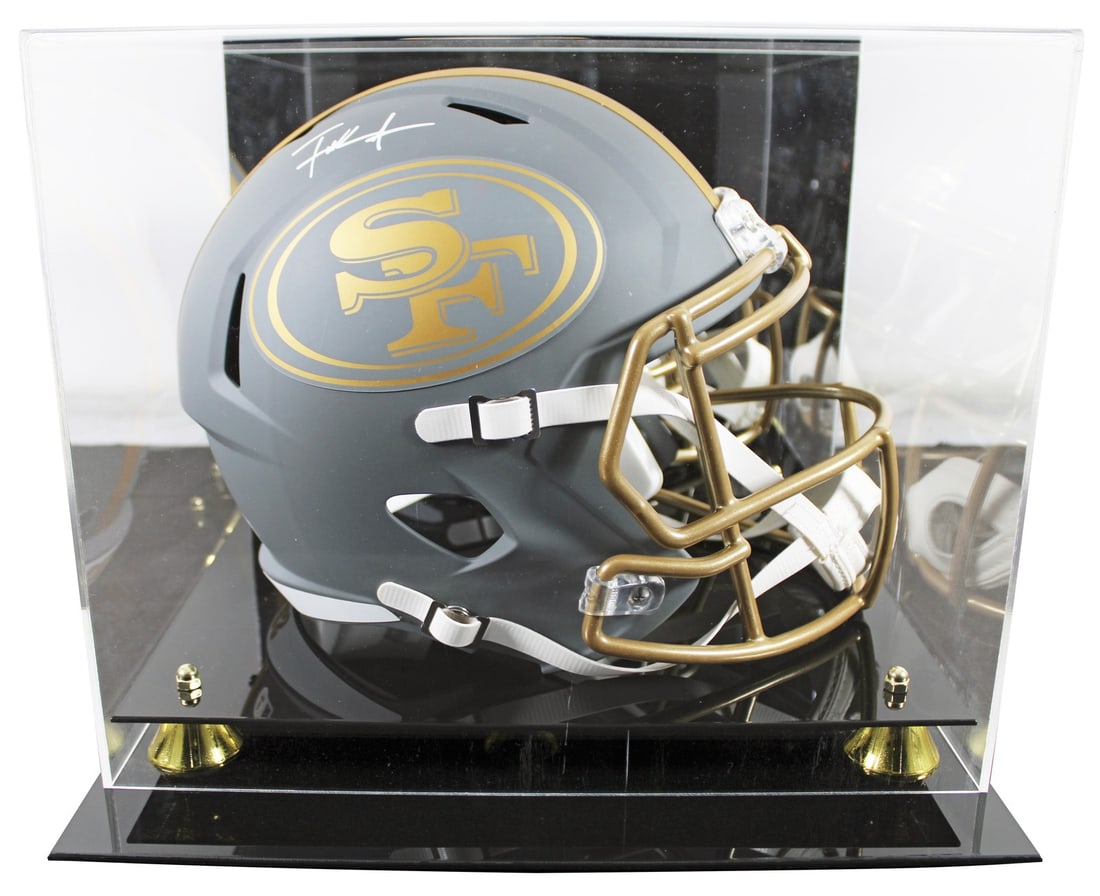 Frank Gore autographed 49ers full size Speed replica helmet with display case BAS: Frank Gore autographed 49ers full size Speed replica helmet with display case BAS Autographed full-size Speed replica helmet featuring an alternate slate design and Frank Gore signature, presented wit